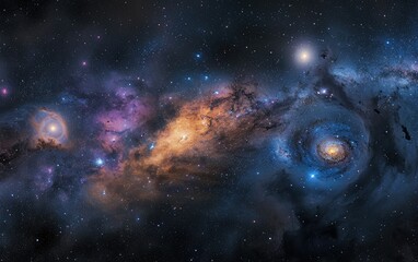 A spiral galaxy is visible in the sky, showcasing its swirling arms and bright core against the dark backdrop of space