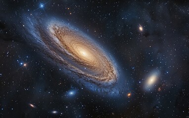 A spiral galaxy is visible in the sky, showcasing its swirling arms and bright core against the dark backdrop of space