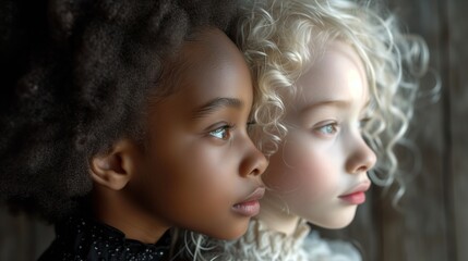 Friendship without borders. Very beautiful white and black little girls next to each other. Poster about equality, friendship between children of different races.