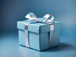Fototapeta premium sky Blue gift box with a silver ribbon on a blue background design.