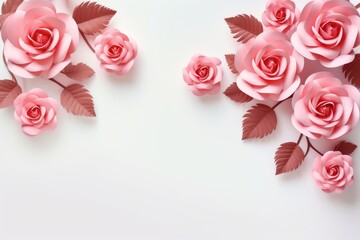 Pink roses on white background. Flat lay, top view, copy space