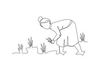 Single continuous line drawing of Female farmer planting rice. Minimalism metaphor concept. Dynamic one line draw graphic design vector illustration.

