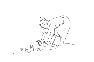 Single continuous line drawing of Female farmer planting rice. Minimalism metaphor concept. Dynamic one line draw graphic design vector illustration.
