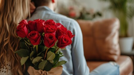 Happy Valentine's Day. A man holding a bouquet of red roses behind his back for his beloved woman who is sitting on the sofa in the living room at home. 