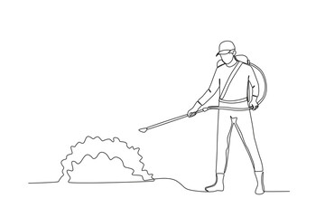 Single continuous line drawing of Man spraying pesticide on plants. Minimalism metaphor concept. Dynamic one line draw graphic design vector illustration.
