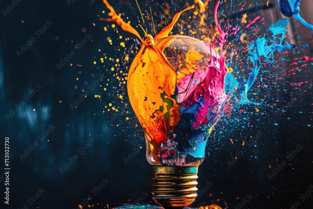 Poster a light bulb with paint splattered on it. perfect for creative concepts and artistic inspiration