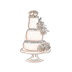three tier cake on a stand in doodle style, wedding, festive with roses and flowers and decorated with beads