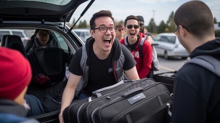 Excited group of friends ready for a trip, laughing in a car park. Everyone is happy and chatting in the parking area, ready to travel.