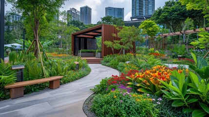 A winding path leads through a tranquil urban garden oasis, surrounded by vibrant flowers and lush plants, with a gazebo structure in the background.