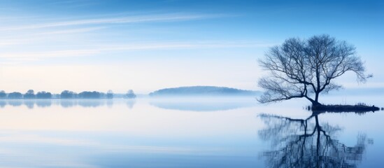 Fototapeta na wymiar Tranquil Lake Landscape with Reflective Water and Lone Tree