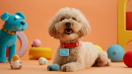 Pudel Hund in einem Kinderzimmer mit Spielzeug im Hintergrund Hund trägt GPS Tracker für Tiergesundheit Generative AI  - obrazy, fototapety, plakaty