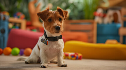 Hund in einem Kinderzimmer mit unscharfem Spielzeug im Hintergrund und Halsband mit GPS Tracker zur Ortung von Haustieren Generative AI - obrazy, fototapety, plakaty