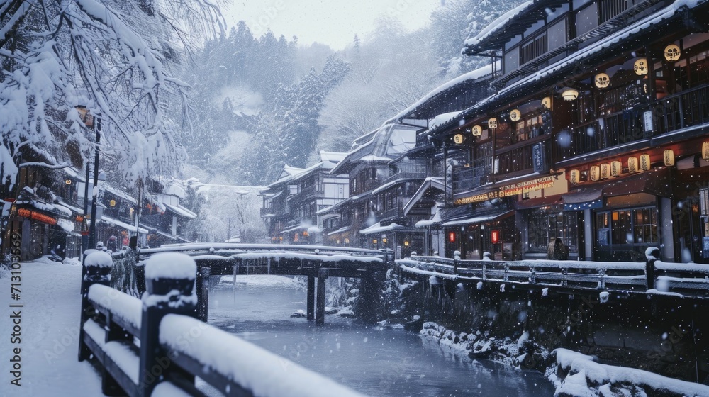 Poster a snowy street with a bridge in the middle. perfect for winter-themed projects