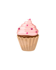 Cupcake with pink cream and hearts for Valentine's Day. Vector graphics.