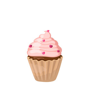 Cupcake with pink cream and hearts for Valentine's Day. Vector graphics.