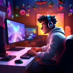 A person sitting in front of a computer and staring intently at a computer monitor. Bright room, game-oriented atmosphere, with neon lights in the background, digital cityscape
