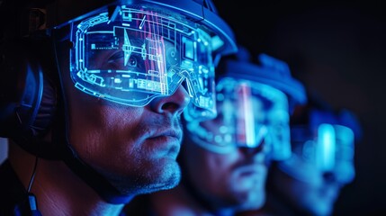 Futuristic Virtual Reality Interface Experience with Users in High-Tech Visors

