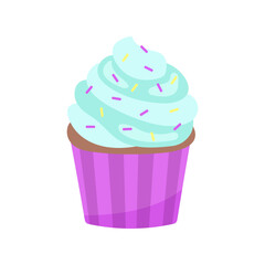 Cartoon cupcake with some decoration and blue cream. Delicious cupcake. Dessert vector illustration design