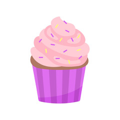 Cartoon cupcake with some decoration and pink cream. Delicious cupcake. Dessert vector illustration design