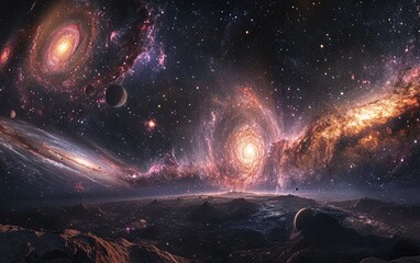 Obraz premium Cosmic Dance of Swirling Galaxies and Brilliant Stars in Deep Space