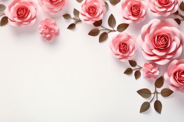 Flowers composition. Frame made of pink roses on white background. Flat lay, top view, copy space