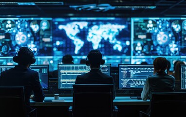 Cybersecurity Vigilance: A visual representation of cybersecurity professionals monitoring and defending digital networks in a high-tech command center - obrazy, fototapety, plakaty