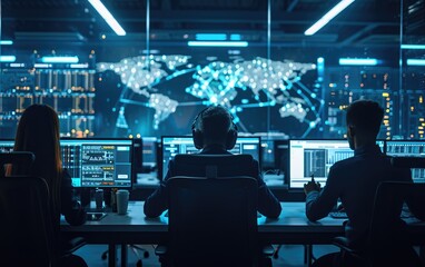 Cybersecurity Vigilance: A visual representation of cybersecurity professionals monitoring and defending digital networks in a high-tech command center