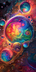 Colourful bubbles float in the air against a black background, creating a vibrant and dynamic scene.