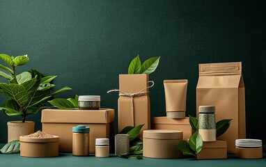 An array of sustainable packaging options, including cardboard boxes and recyclable containers, arranged thoughtfully against a dark backdrop