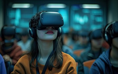 A young female student explores a virtual reality world using a VR headset, surrounded by peers in a classroom setting