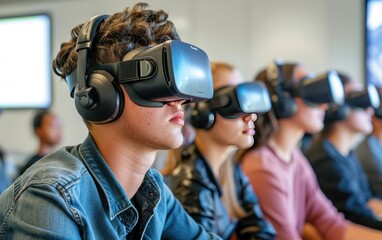 Educational VR Journey: Students on an educational journey through virtual reality, emphasizing immersive learning experiences