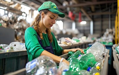 Female worker sorting plastic waste into different bins a recycling facility, highlighting sustainable waste management practices