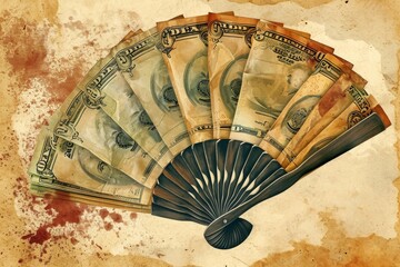 Dollar bills are being blown away by the fan
