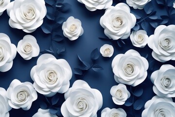 Obraz na płótnie Canvas White roses on blue background. Flat lay, top view, copy space