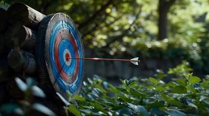 Sunlit Archery Range with a Single Arrow Striking the Bullseye Amidst Lush Greenery - obrazy, fototapety, plakaty