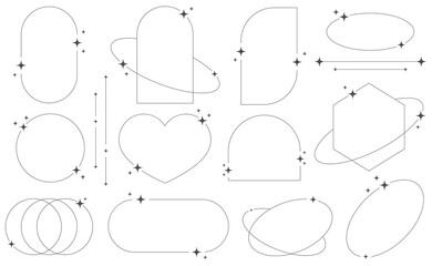 Obraz premium Set of geometric aesthetic abstract line frames and shapes with stars boho, brutalism, Y2K style. Geometric elements with sparkles for template design social media, poster, banner, logo, stickers