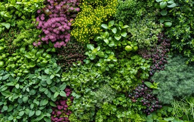 A vertical garden featuring a variety of culinary herbs, creating a functional and aesthetic display