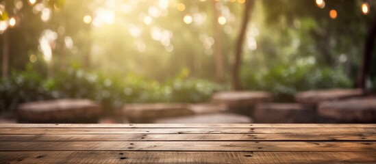 Rustic Wooden Tabletop with a Blurry Garden Sunset Backdrop
