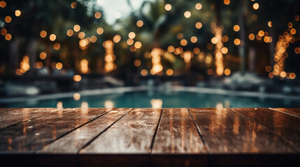 Wooden table pool bokeh background, empty wood desk product display mockup with blurry tropical hotel resort abstract poolside summer travel backdrop advertising presentation. Mock up, copy space. - obrazy, fototapety, plakaty