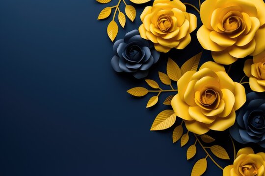 3d render of yellow roses with leaves on dark blue background