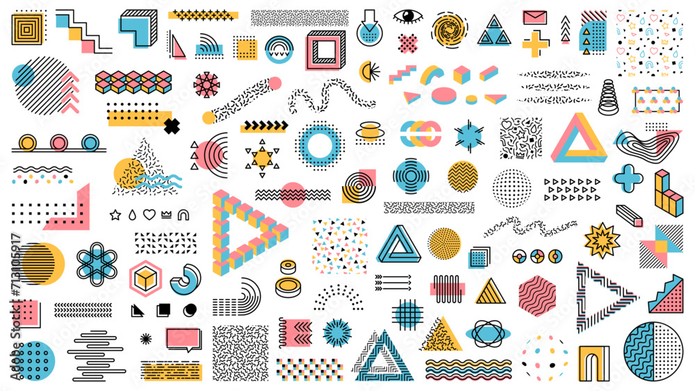 Aufkleber Memphis geometric shapes, abstract modern minimal line patterns, vector background. Memphis geometric elements of circle, triangle and color dots retro art trendy ornament shape patterns