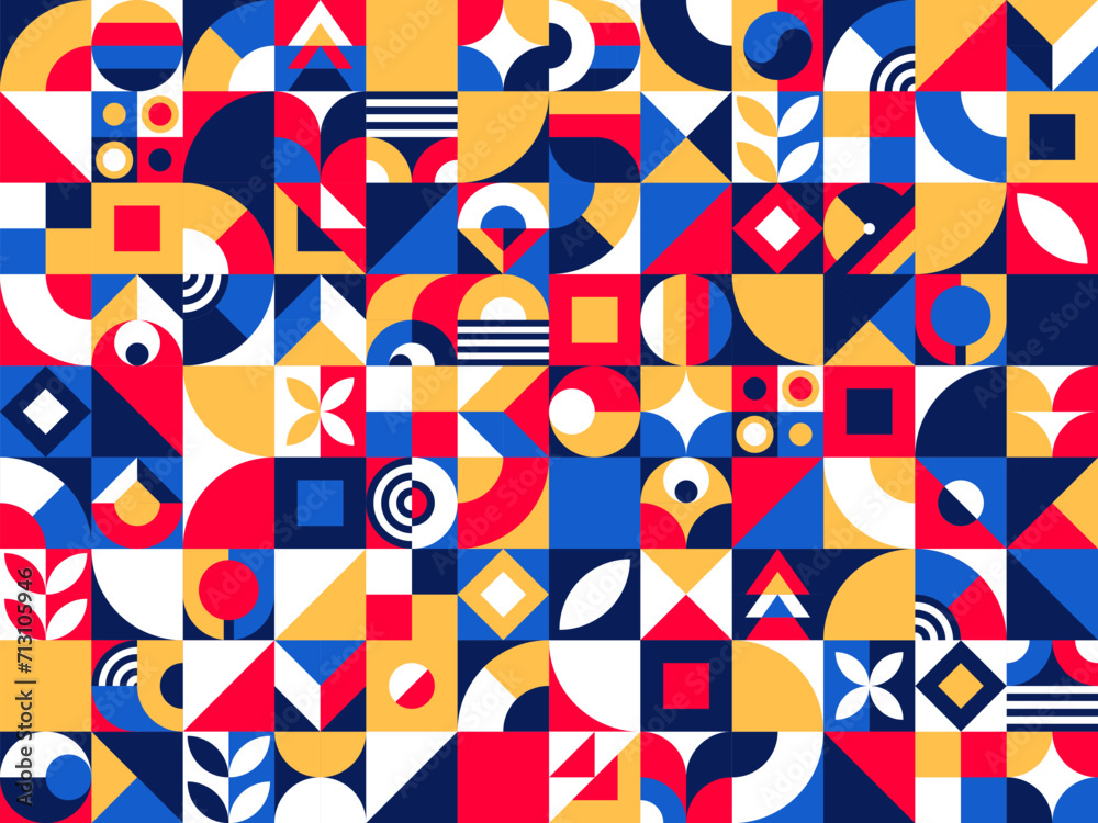 Poster Geometric pattern background or modern vector abstract retro poster. Geometric pattern of circle, triangle or square simple art shapes, vintage minimal Geometric Swiss style geometry tile pattern