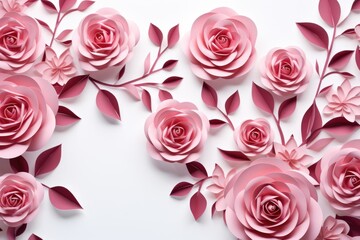Flowers composition. Pink rose on white background. Flat lay, top view, copy space