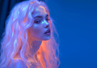 Fashion editorial Concept. Closeup of asian girl with glitter sheen makeup and neon white pink flowing hair . illuminated with dynamic composition and dramatic lighting. copy text space