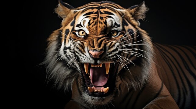A tiger with the mouth open is shown in a dark room generative ai images