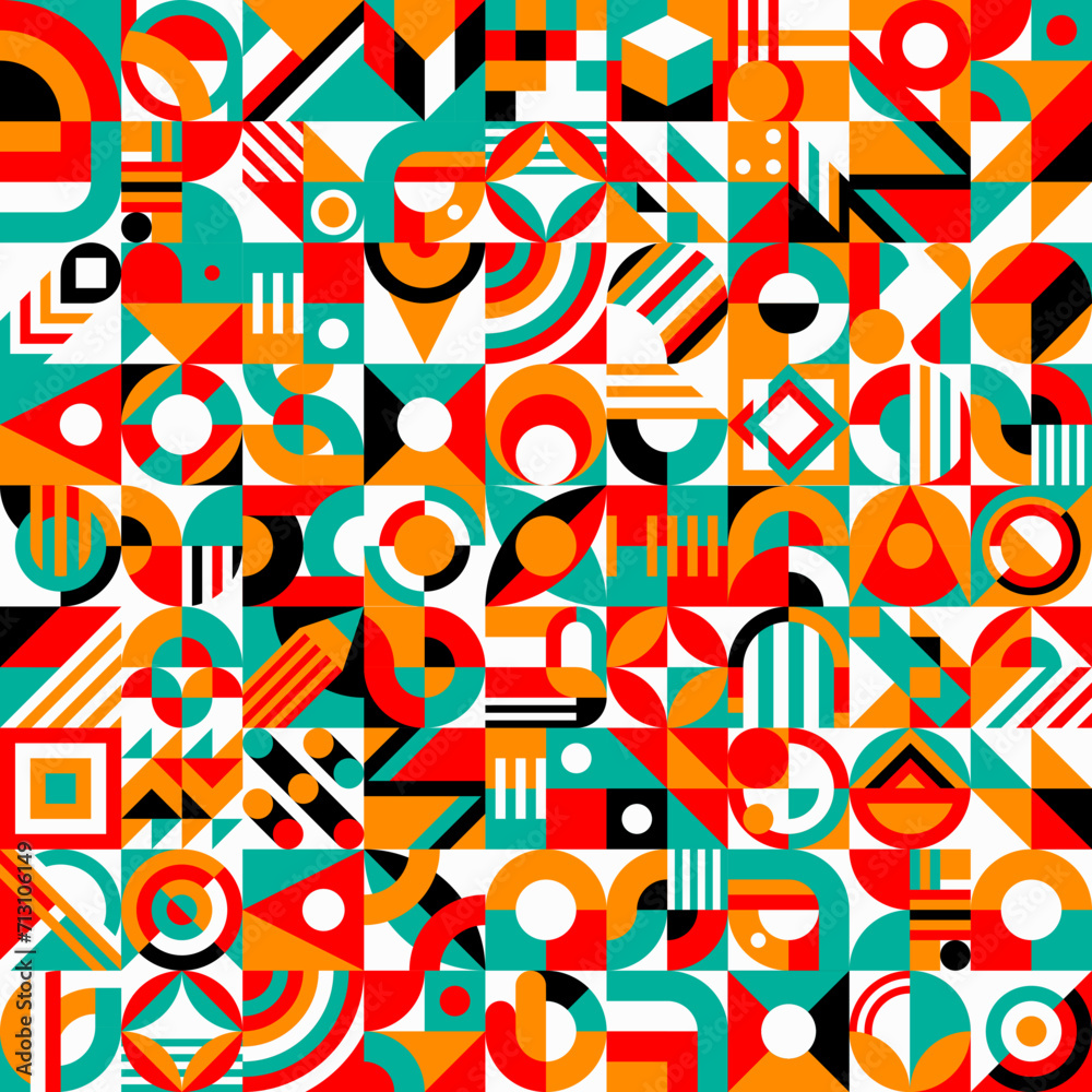 Poster Geometric element seamless pattern. Modern vector geometric scandinavian grid repeated background. Abstract minimalistic simple round and square geometry shapes in red, white, black, orange or green