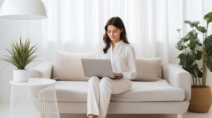 Concepto de estilo de vida. Estudiante joven feliz en l&iacute;nea en su ordenador port&aacute;til en el cuarto moderno minimalista blanco.