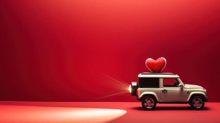 Profile side view photo of modern stylish toy beautiful white present gift car with little red heart standing in center of spotlight searchlight isolated on red background copy-space