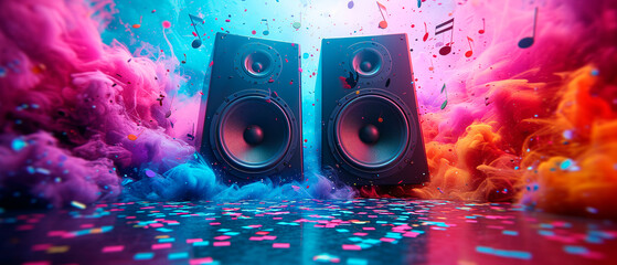 Speaker system for music in colorful background. Sound and audio equipment.
