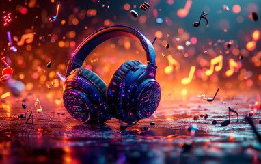 Studio shot of black headphones over music note explosion background with empty space for text. - obrazy, fototapety, plakaty